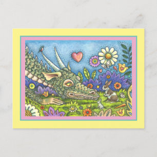 FRIENDLY EASTER DRAGON ON BUNNY TRAIL Cute Fantasy Feiertagspostkarte