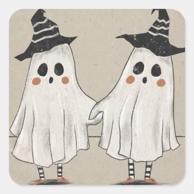 Friendly Halloween Ghost Twins Quadratischer Aufkleber (Vorderseite)