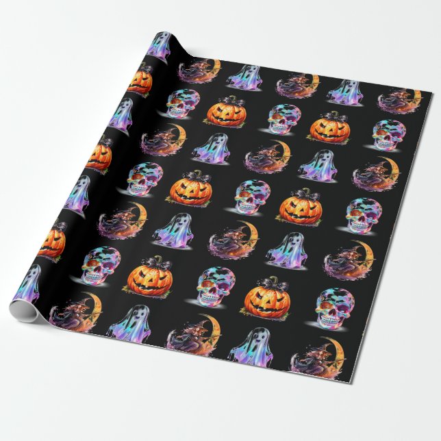 Friendly Icons Grid Halloween Black Fun Holiday Geschenkpapier (Ungerollt)