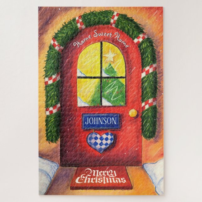 Friendly Red Merry Christmas Front Door Gemütliche Puzzle (Vertikal)