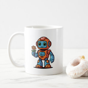 Friendly Robot Holding Blume Cartoon Weißer Kaffee Kaffeetasse