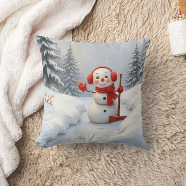 Friendly Snowman with a Red Shovel Kissen (Decke)