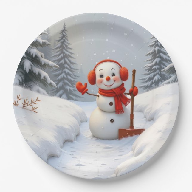 Friendly Snowman with a Red Shovel Pappteller (Vorderseite)
