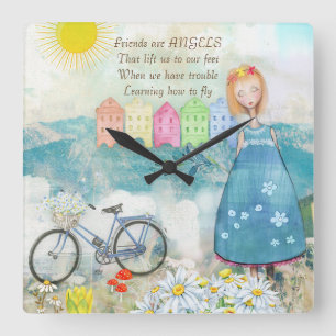 FRIENDS ARE ANGELS SQUARE CLOCK QUADRATISCHE WANDUHR