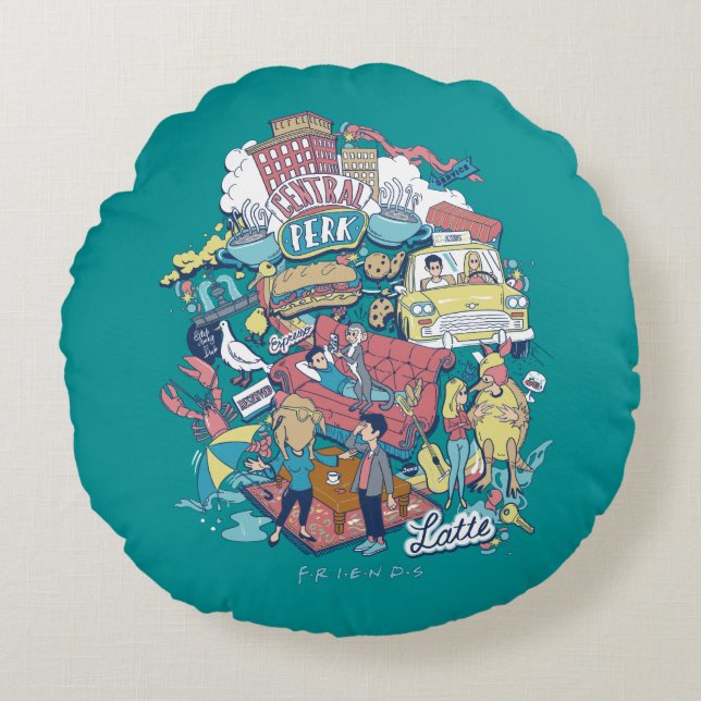 FRIENDS™ | Cartoon Collage Rundes Kissen (Vorderseite)
