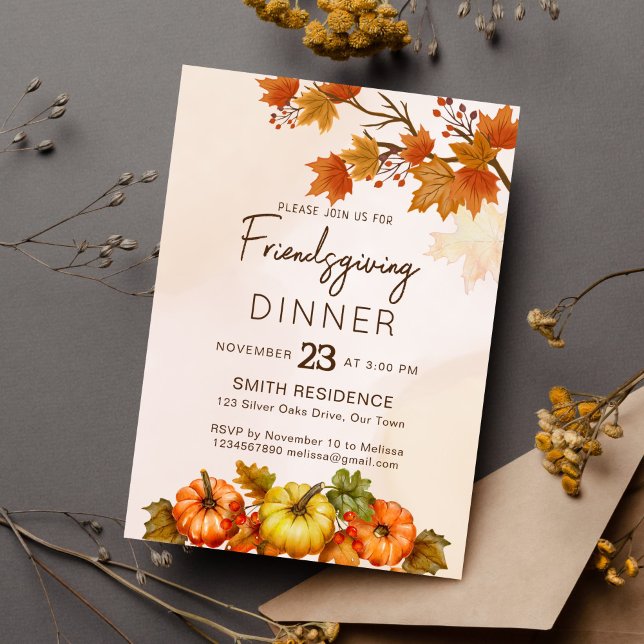 Friendsgivig Erntedank Fall Blattpflanzenkürbis Einladung (Freindsgiving thanksgiving dinner party invitation template instant download autumn foliage pumpkins)