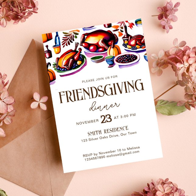 Friendsgivig Erntedank Table Geschirr modern Einladung (Friendsgiving thanksgiving dinner party template invitation modern turkey meals art retro )