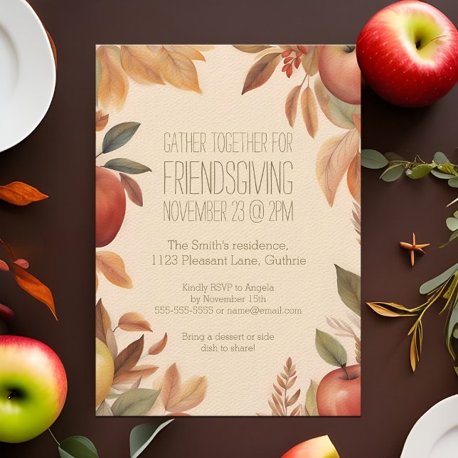 Friendsgiving Autumn Apple Harvest Watercolor Fall Einladung (Boho watercolor Friendsgiving dinner party invitation with Fall apples)
