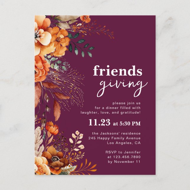Friendsgiving dinner invitation autumnal floral postkarte (Vorderseite)
