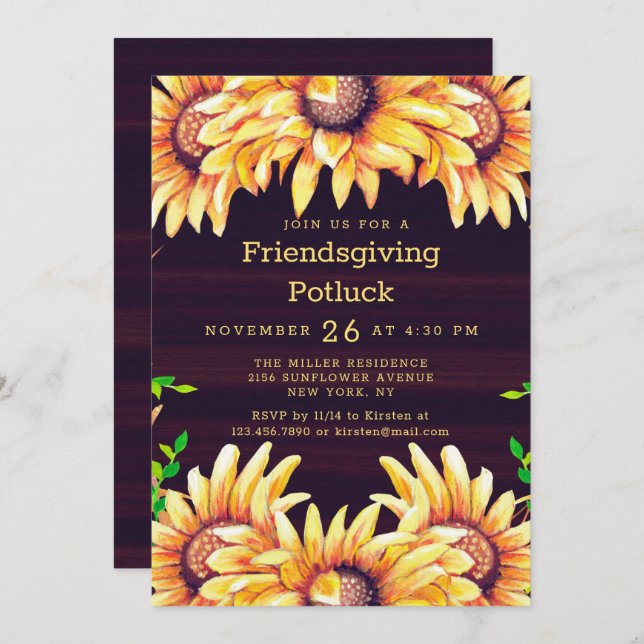 Friendsgiving Dinner Potluck Rustic Fall Sonnenblu Einladung (Vorne/Hinten)