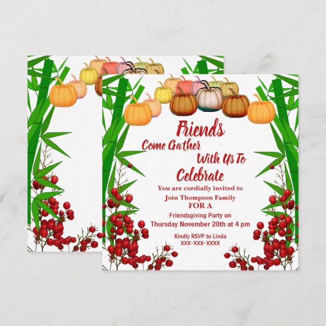 Friendsgiving Herbst Pumpkin Berry Green Bush Einladung (Vorne/Hinten)