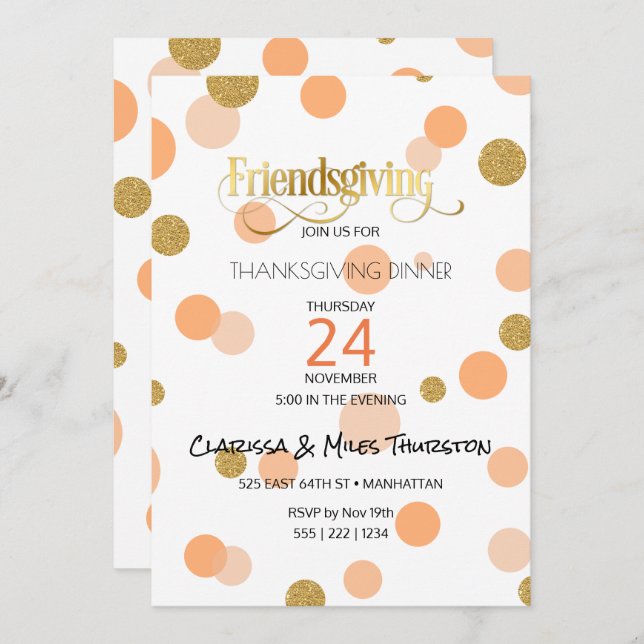 Friendsgiving Orangen-u. Goldpunkte modern Einladung (Vorne/Hinten)