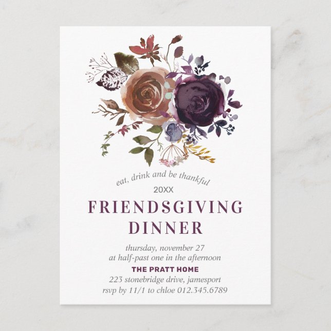 Friendsgiving Rustic Boho Lila Flora Einladung Postkarte (Vorderseite)