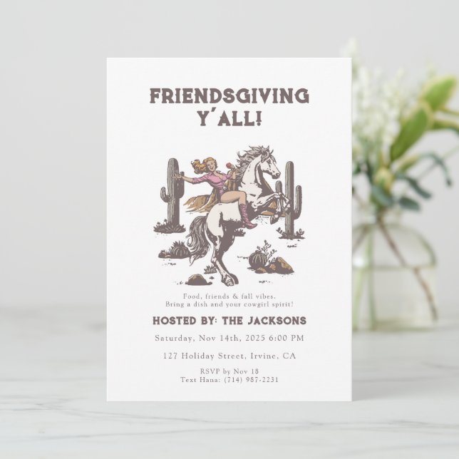 Friendsgiving Y’all Invitation Retro Cowgirl  Einladung (Stehend Vorderseite)