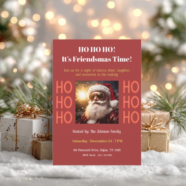 Friendsmas Party Invitation • Retro Christmas Einladung (Friendsmas invitation with Santa design, gold gifts, pine branches and soft festive lights.)