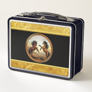Friesian Draft Horses mit Goldfolie-Design Metall Lunch Box