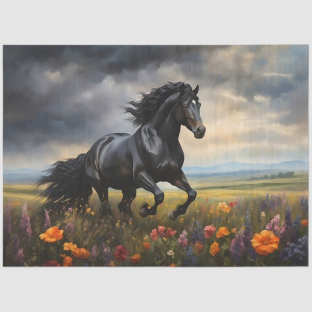 Friesian Horse Galloping Wildblumen Decoupage Seidenpapier (Vorderseite)