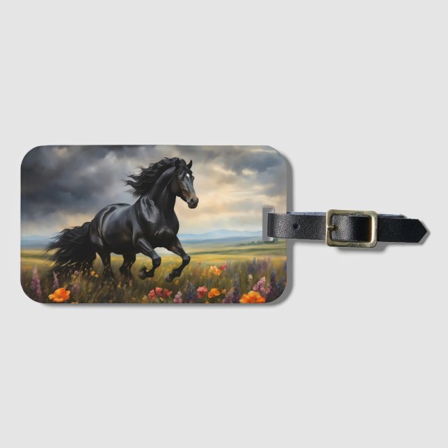 Friesian Horse Galloping Wildblumen Gepäckanhänger (Vorderseite (Horizontal))