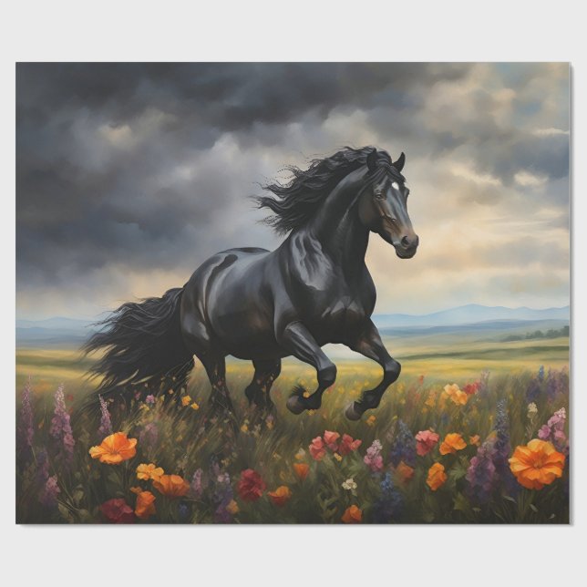 Friesian Horse Galloping Wildblumen Geschenkpapier (Flach)