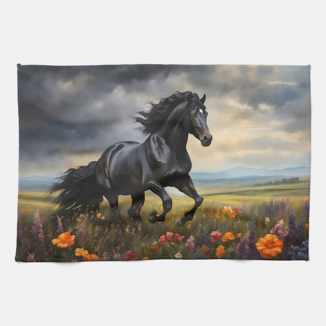 Friesian Horse Galloping Wildblumen Geschirrtuch (Horizontal)