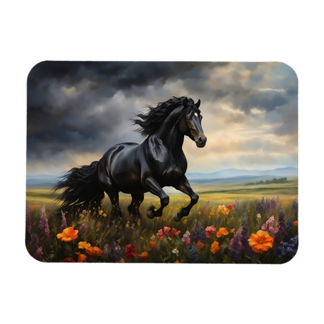 Friesian Horse Galloping Wildblumen Magnet (Horizontal)