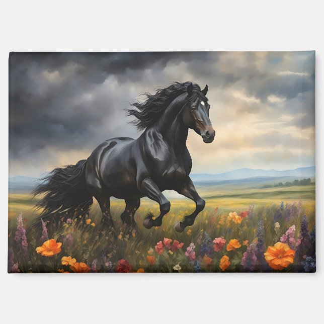 Friesian Horse Galloping Wildblumen Magnet (Vorderseite)