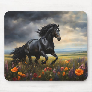 Friesian Horse Galloping Wildblumen Mousepad