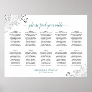 Frilly 10 Table Wedding Seating Chart White & Aqua Poster
