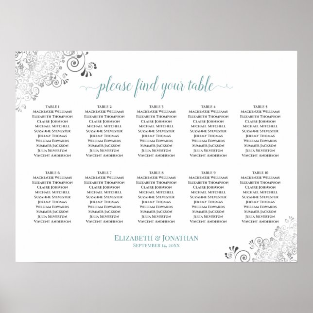 Frilly 10 Table Wedding Seating Chart White & Aqua Poster (Vorne)