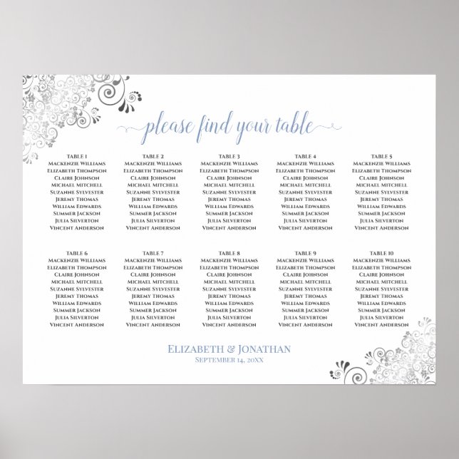 Frilly 10 Table Wedding Seating Chart White & Blue Poster (Vorne)