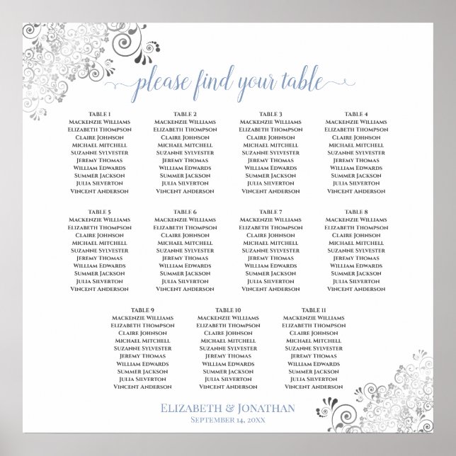 Frilly 11 Table Dusty Blue auf White Seating Chart Poster (Vorne)