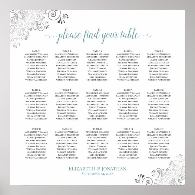 Frilly 15 Table Wedding Seating Chart White & Aqua Poster (Vorne)