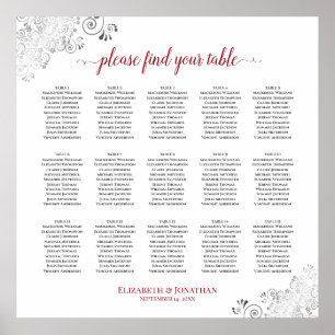 Frilly 15 Table Wedding Seating Chart White & Red Poster