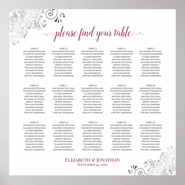 Frilly 15 Table Wedding Seating Chart White & Red Poster (Vorne)
