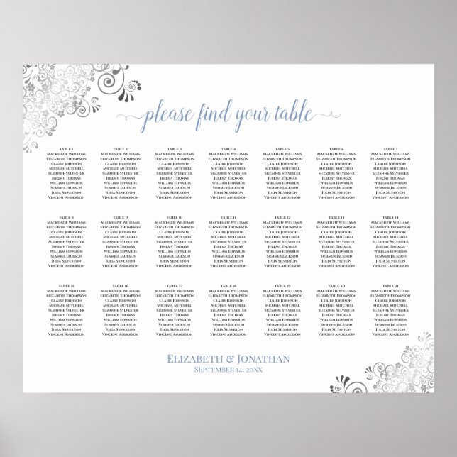 Frilly 21 Table Wedding Seating Chart White & Blue Poster (Vorne)