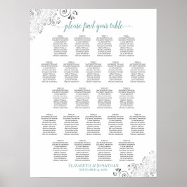 Frilly 22 Table Wedding Seating Chart White & Aqua Poster