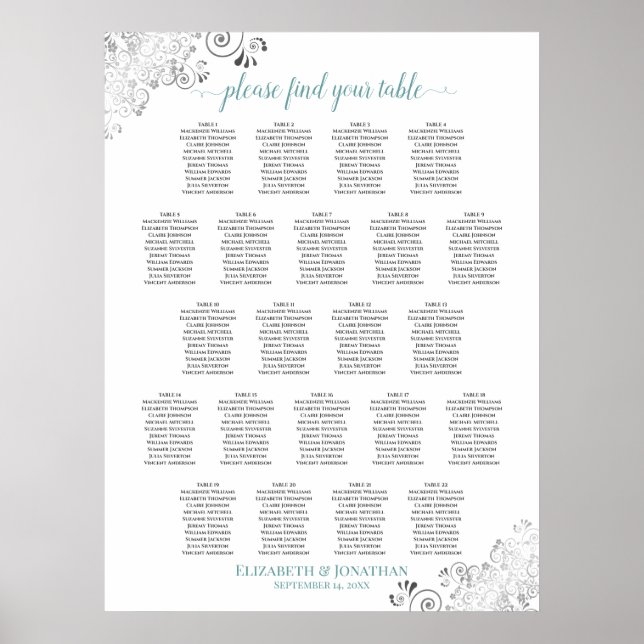 Frilly 22 Table Wedding Seating Chart White & Aqua Poster (Vorne)