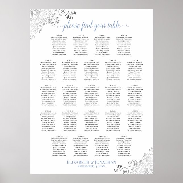 Frilly 23 Table Blue & White Wedding Seating Chart Poster (Vorne)