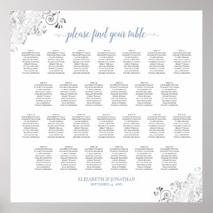 Frilly 26 Table Wedding Seating Chart White & Blue Poster