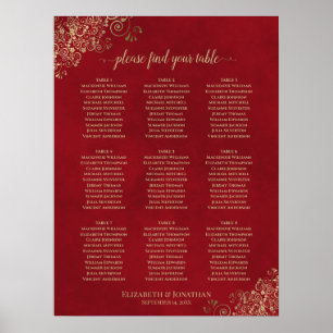 Frilly 9 Table Wedding Chart Red & Gold Poster