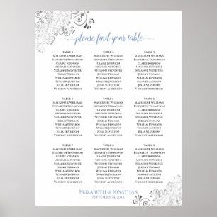 Frilly 9 Table Wedding Seating Chart White & Blue Poster