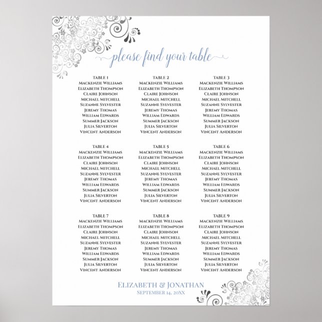 Frilly 9 Table Wedding Seating Chart White & Blue Poster (Vorne)