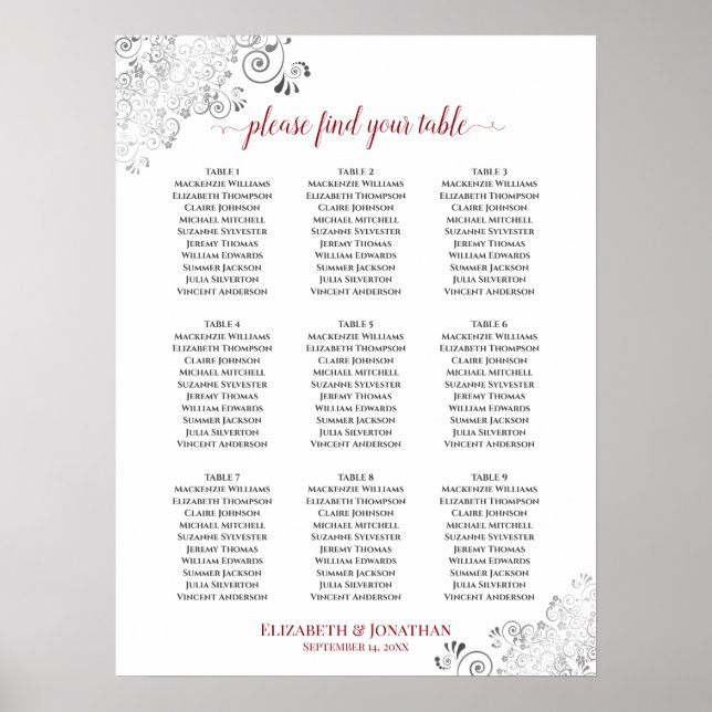 Frilly 9 Table Wedding Seating Chart White & Red Poster (Vorne)