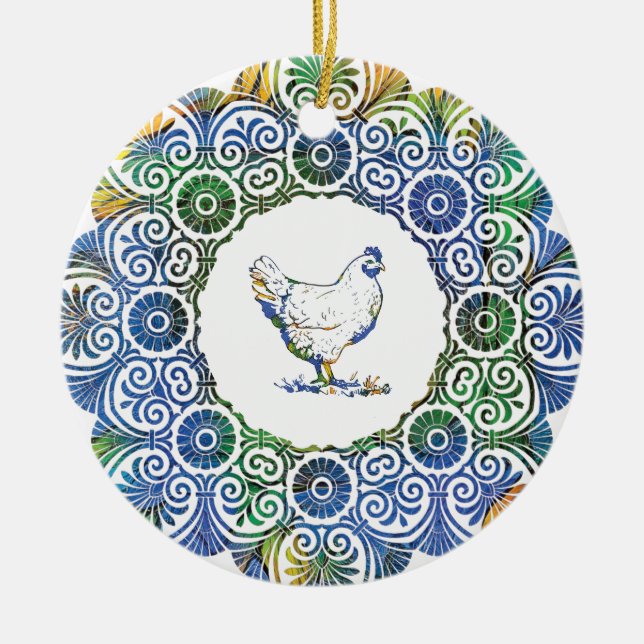 Frilly Chicken in blau und grün Keramik Ornament (Vorne)