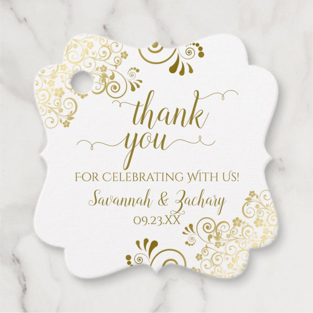 Frilly Corners Gold & White Wedding Vielen Dank Geschenkanhänger (Vorderseite)