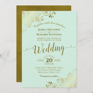 Frilly Elegant Pale Mint Green & Gold Wedding Einladung