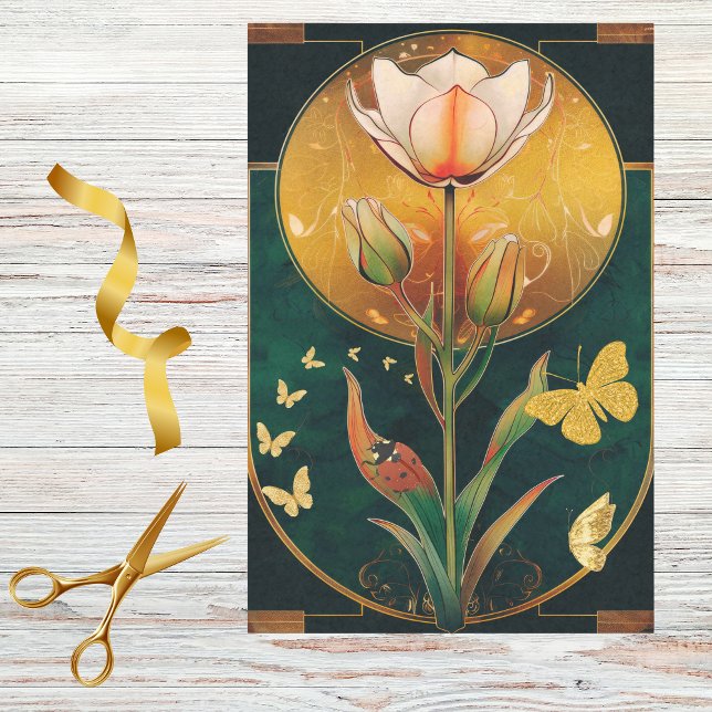 Frilly Tulip w Gold Butterflies on LadyBug on Gree Seidenpapier (Von Creator hochgeladen)