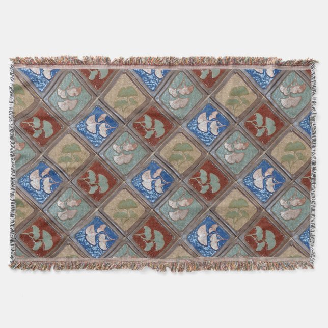 Fringed Wirldecke mit Handwerker Gingko Druck Decke (Vorderseite)