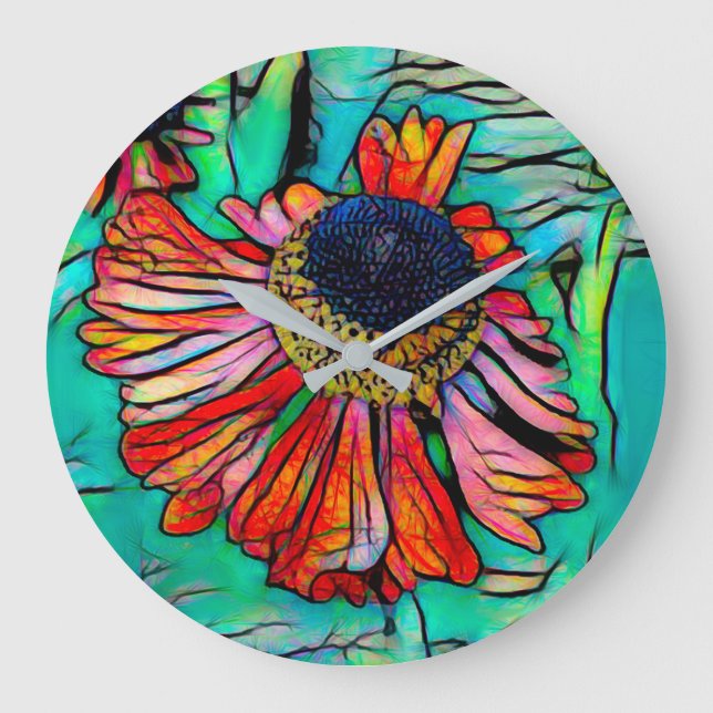 Fringy Helenium mit festem Glass-Look Große Wanduhr (Vorderseite)