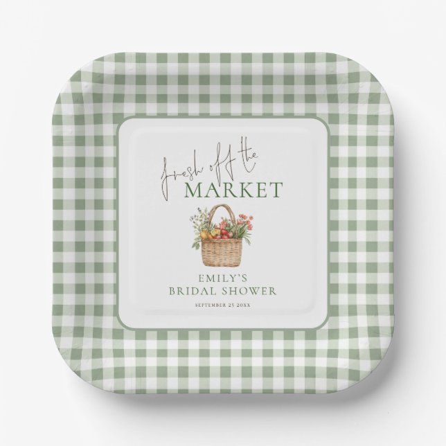 Frisch auf dem Markt Sage Gingham Brautparty Pappteller (Vorderseite)